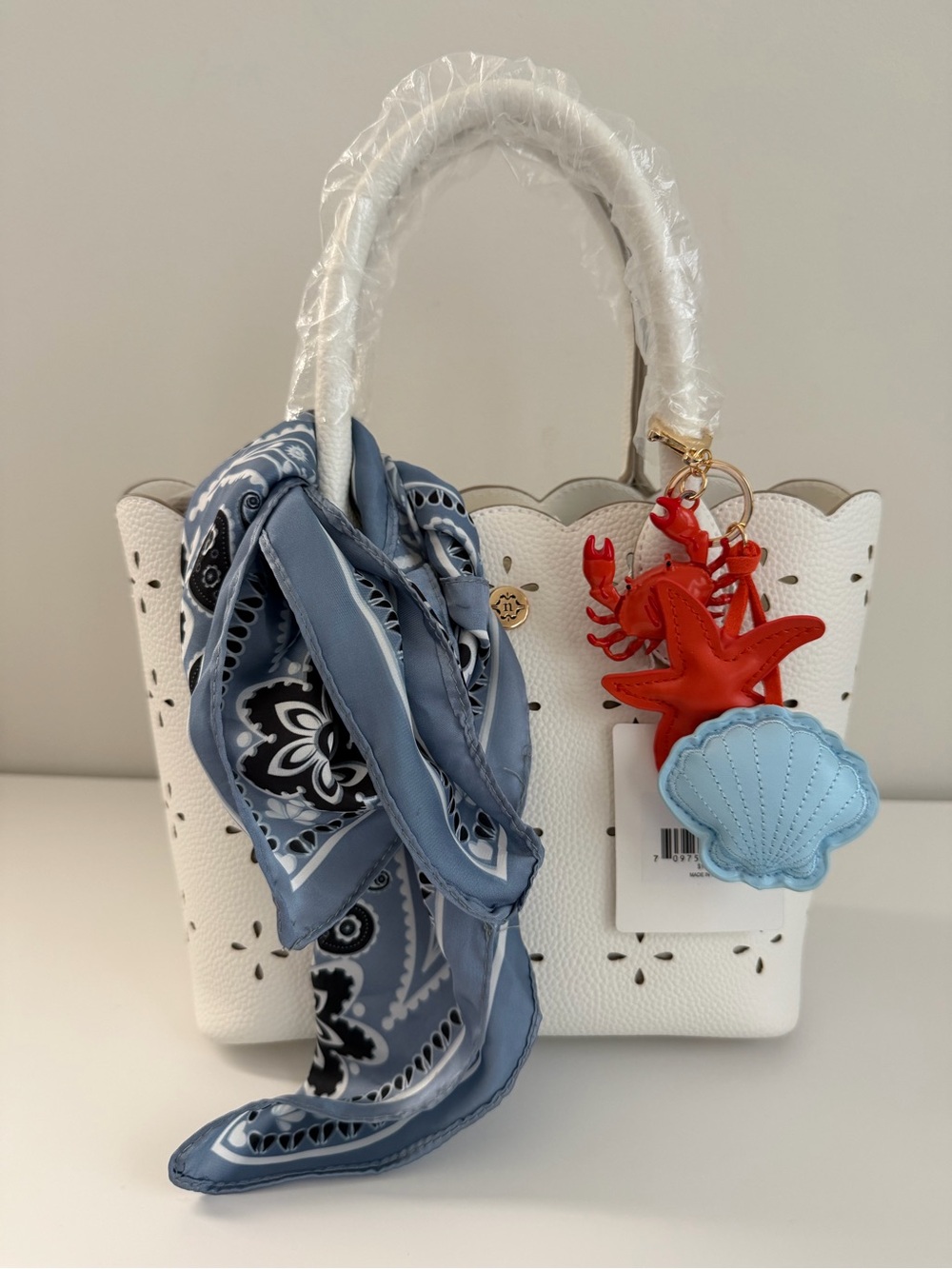 Nanette Lepore White Scalloped Tote with Blue Scarf and Red Sea Charm